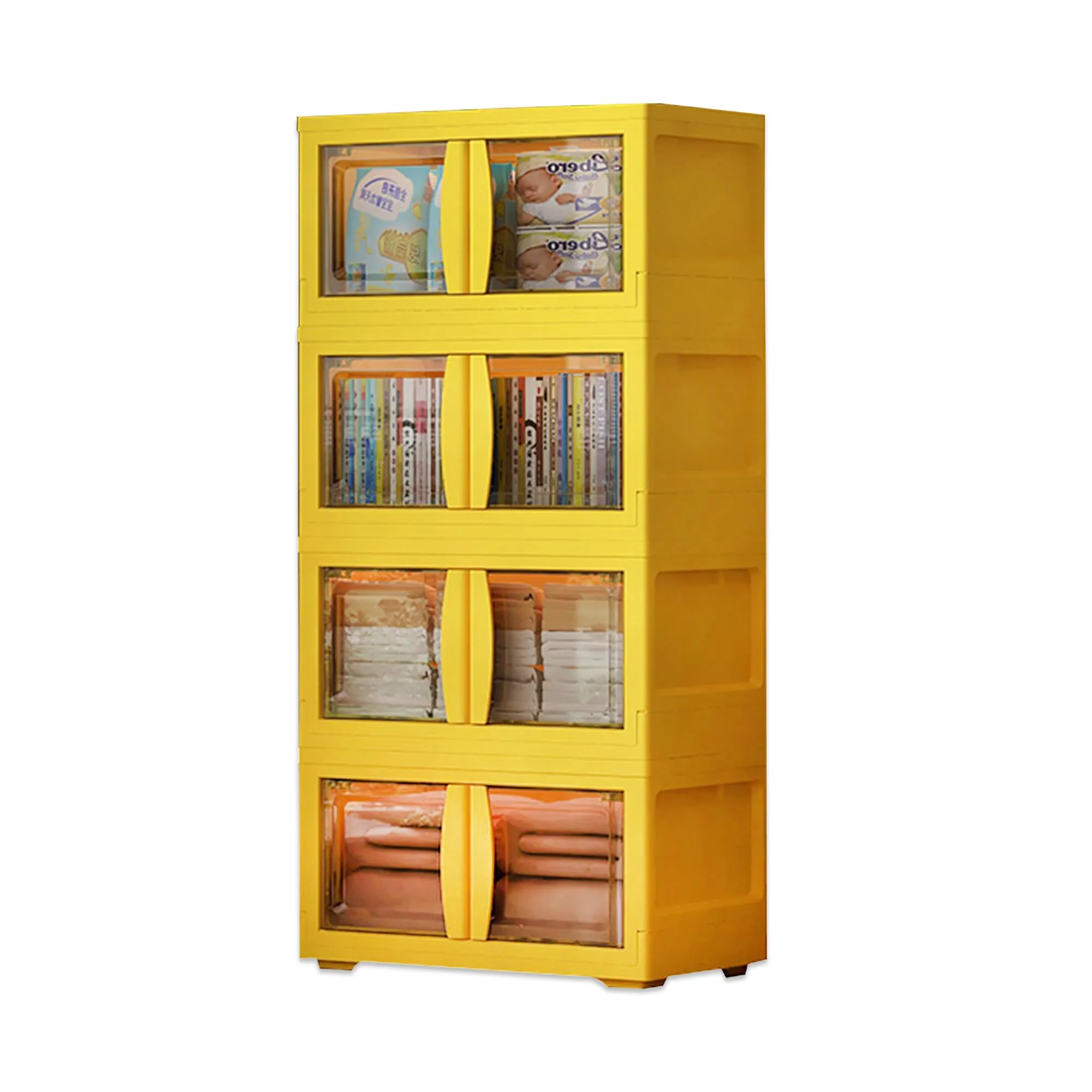 Kuber Industries 4-Layer Double Door Almirah for Clothes - Collapsible & Foldable Dress Racks/Plastic Cupboard for Storage - Yellow