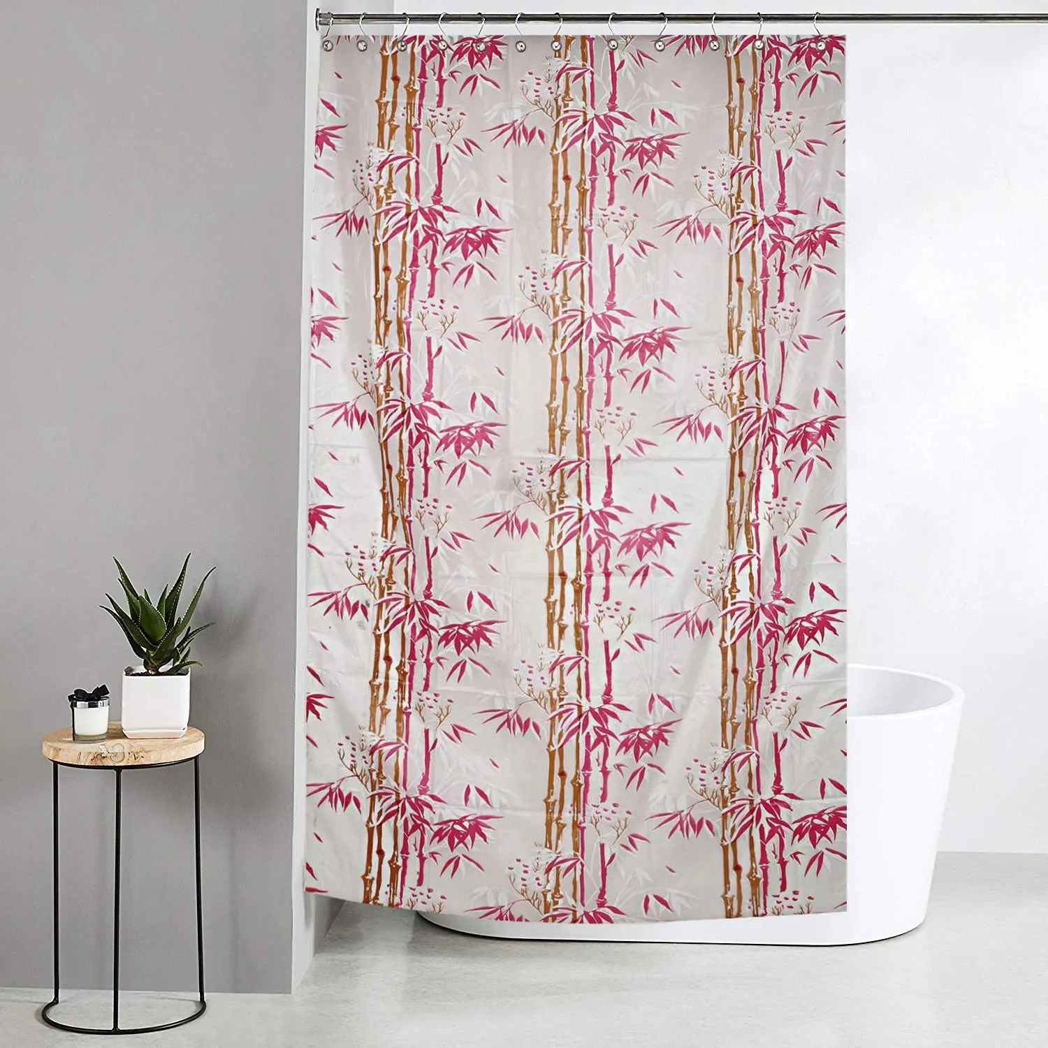 Kuber Industries Bamboo Design Waterproof PVC Shower Curtain with 8 Hooks (CTKTC33778, Pink, 54 x 84 inch)