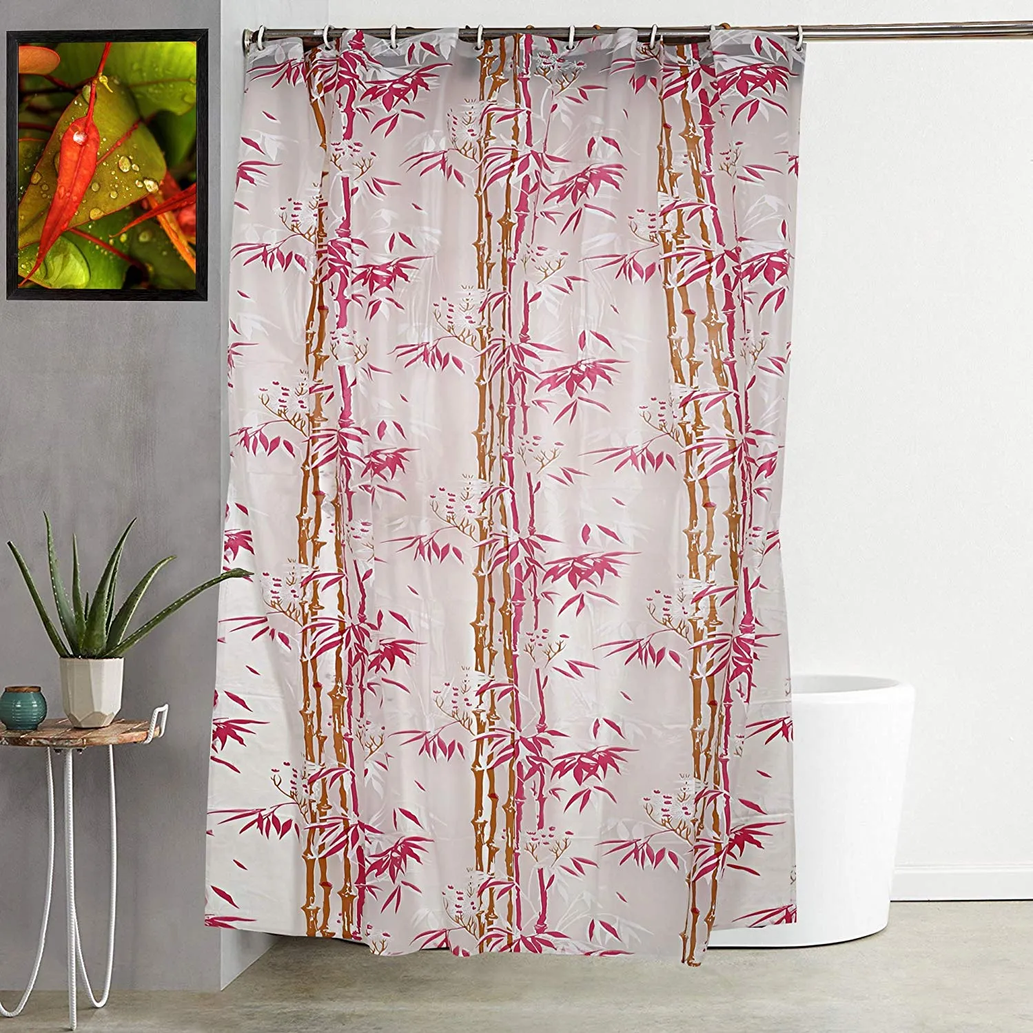 Kuber Industries Bamboo Design Waterproof PVC Shower Curtain with 8 Hooks (CTKTC33778, Pink, 54 x 84 inch)