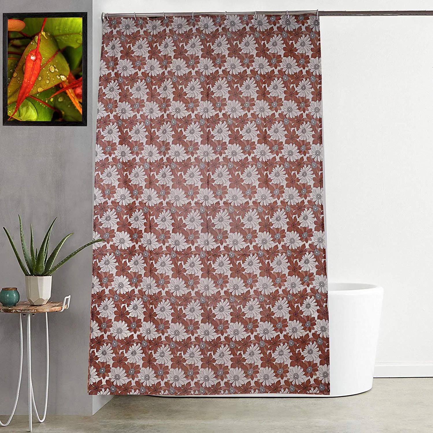 Kuber Industries Flower Design Waterproof PVC Shower Curtain with 8 Hooks 54 inch x 84 inch (Brown) CTKTC33749