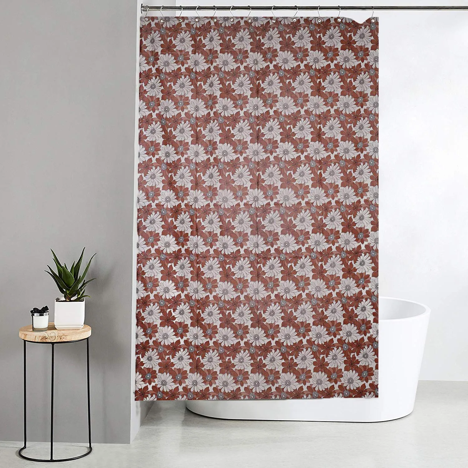 Kuber Industries Flower Design Waterproof PVC Shower Curtain with 8 Hooks 54 inch x 84 inch (Brown) CTKTC33749