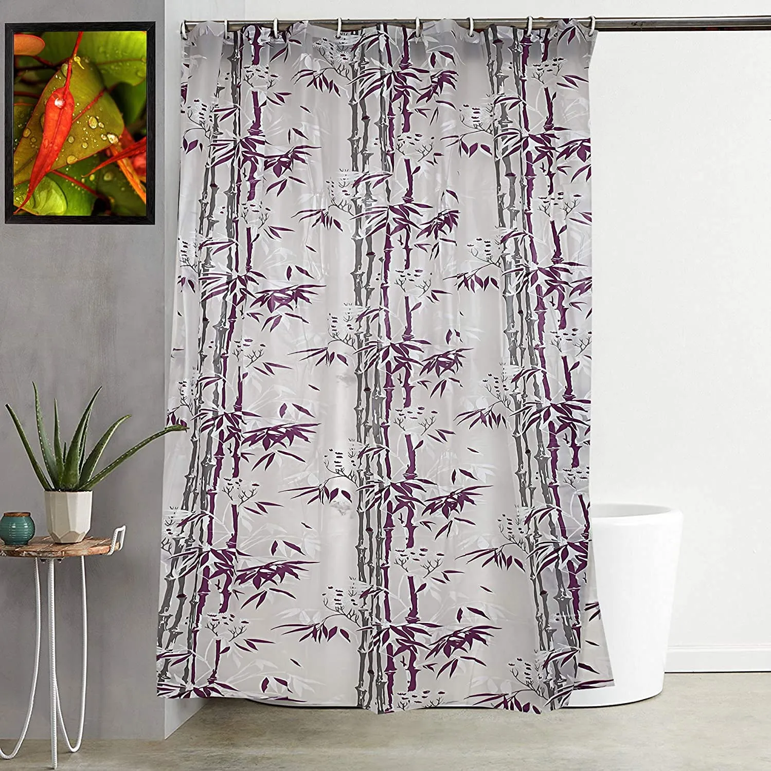 Kuber Industries Leaf Design Waterproof PVC Shower Curtain with 8 Hooks 54 inch x 84 inch (Purple) CTKTC33754