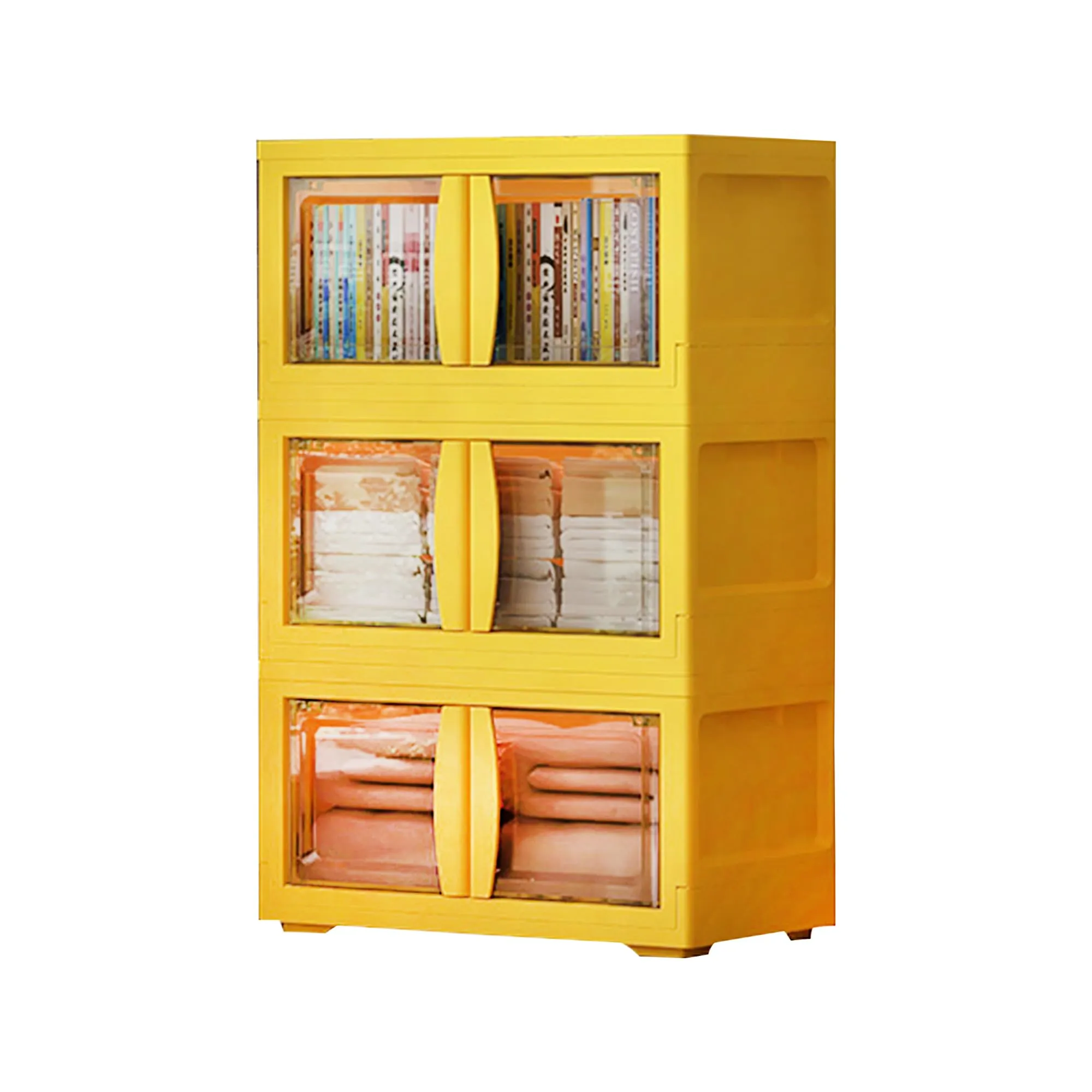 Kuber Industries (Set of 3) 3-Layer Double Door Almirah for Clothes - Collapsible & Foldable Dress Racks/Plastic Cupboard for Storage - Yellow