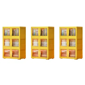 Kuber Industries (Set of 3) 3-Layer Double Door Almirah for Clothes - Collapsible & Foldable Dress Racks/Plastic Cupboard for Storage - Yellow