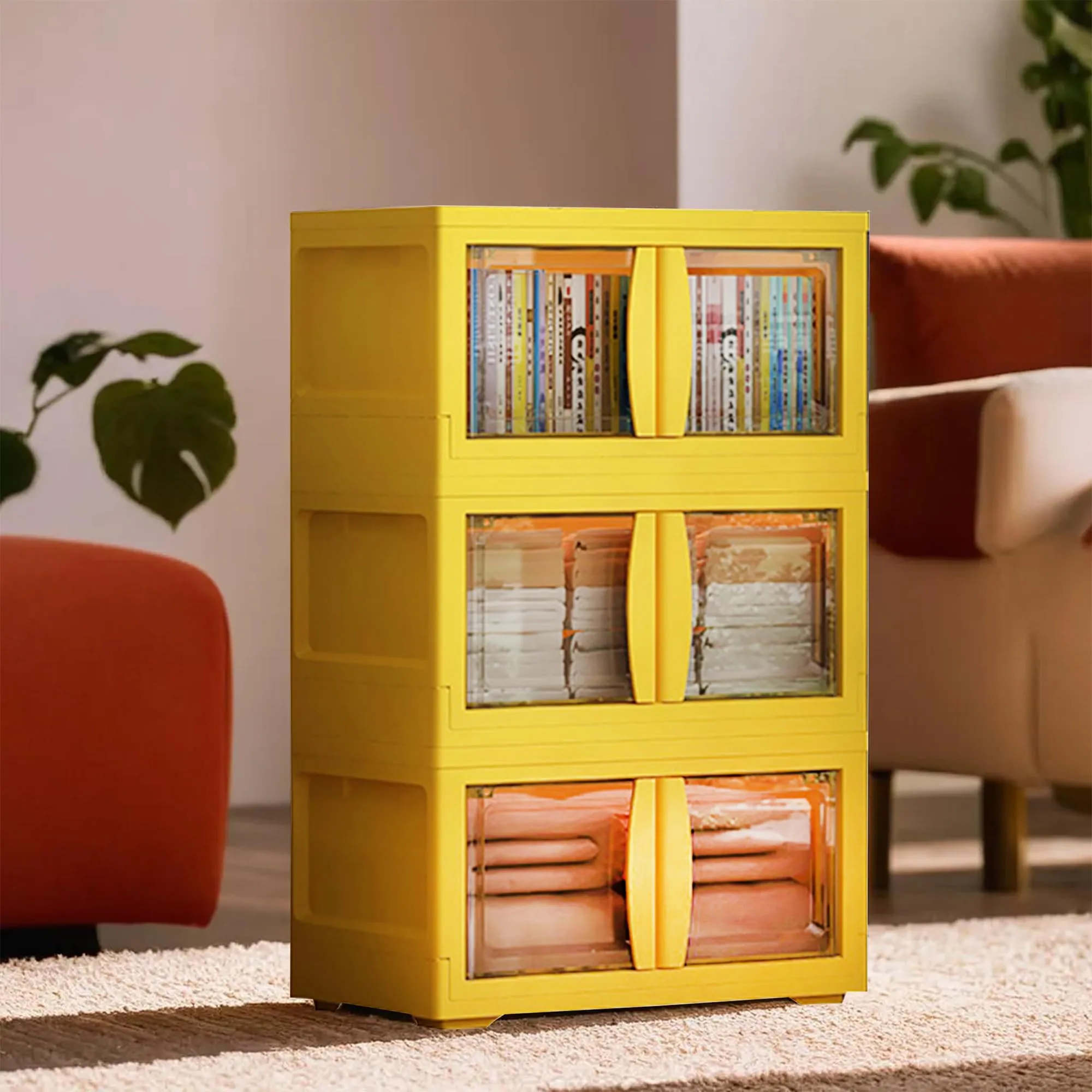 Kuber Industries (Set of 3) 3-Layer Double Door Almirah for Clothes - Collapsible & Foldable Dress Racks/Plastic Cupboard for Storage - Yellow