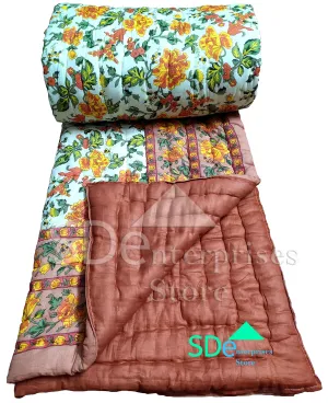 LushHavenDecor Rajasthani Light Weight Double Bed Soft Jaipuri AC Quilt/Razai Designer Beige mughal Floral Cotton Quilts Blankets for Home (Size 85X105 inch)