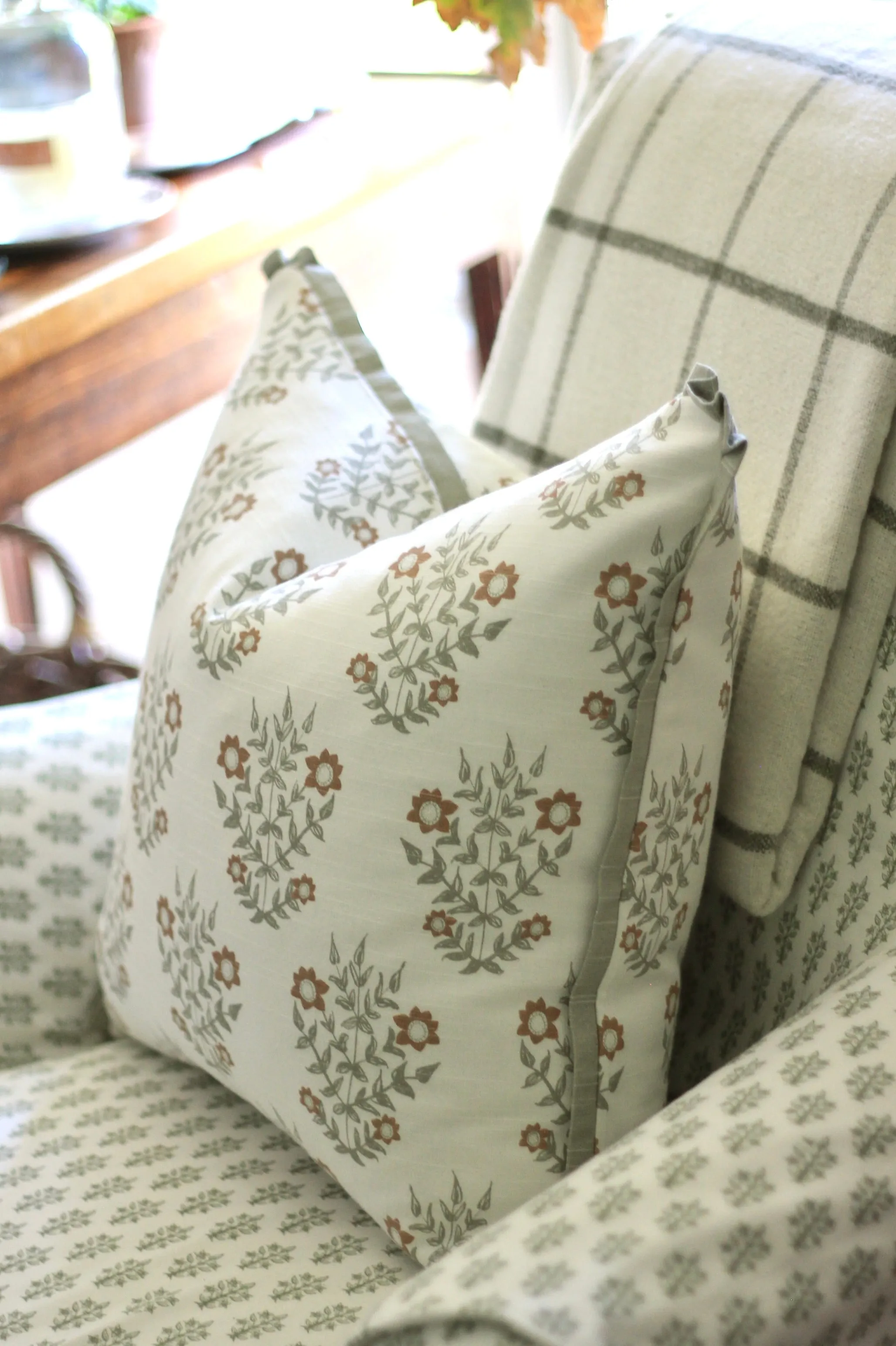 Mae Pillow Covers in Heirloom with Soft Green Flange | 3 sizes