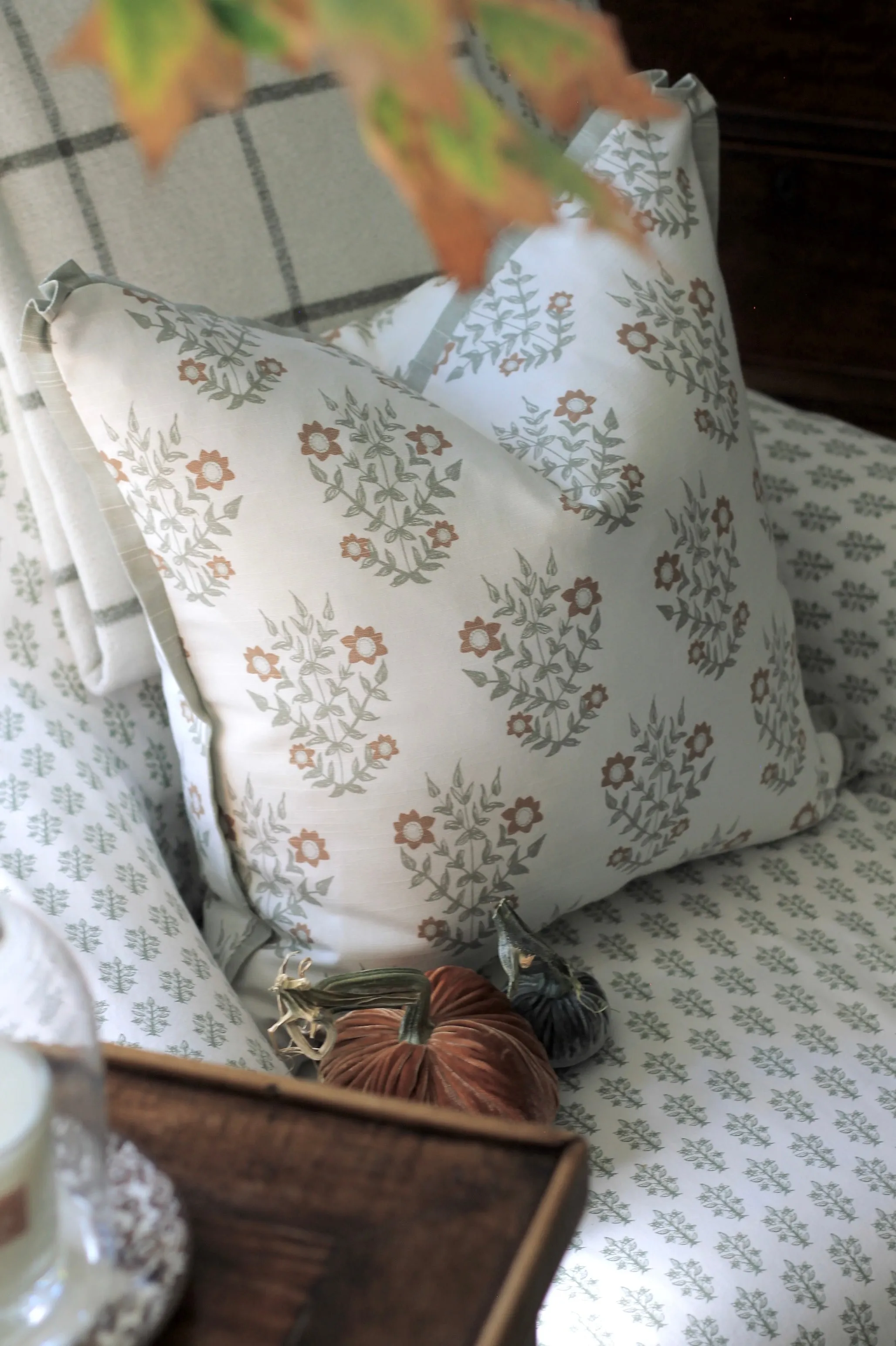 Mae Pillow Covers in Heirloom with Soft Green Flange | 3 sizes