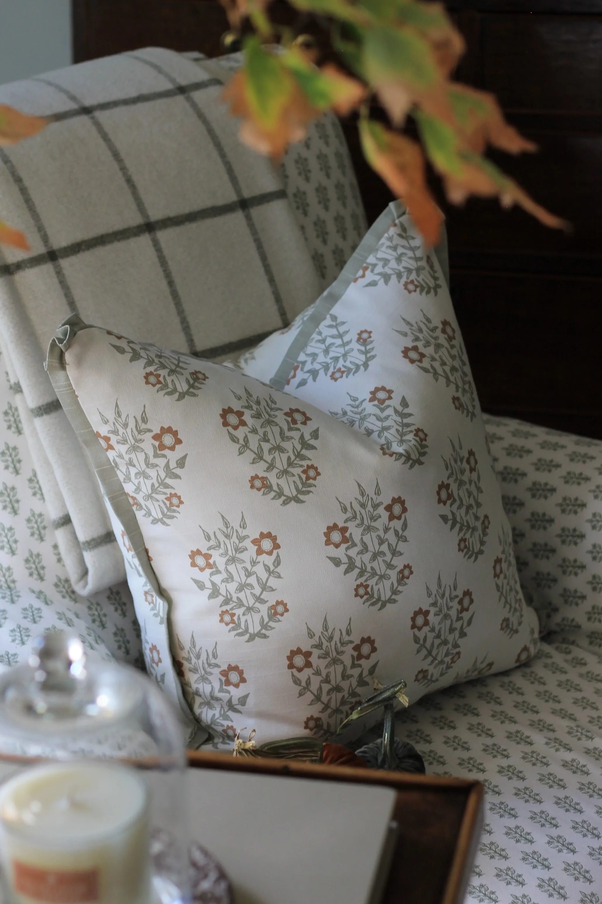 Mae Pillow Covers in Heirloom with Soft Green Flange | 3 sizes