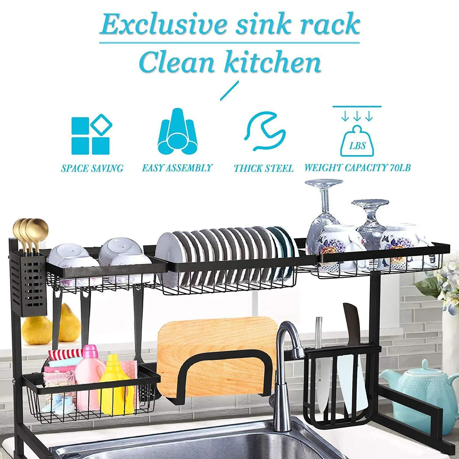 Over The Sink Shelf Dish Drying Rack Stainless Steel Multifunctional Tableware Drainer, 33.4"x12.5"x20.4"