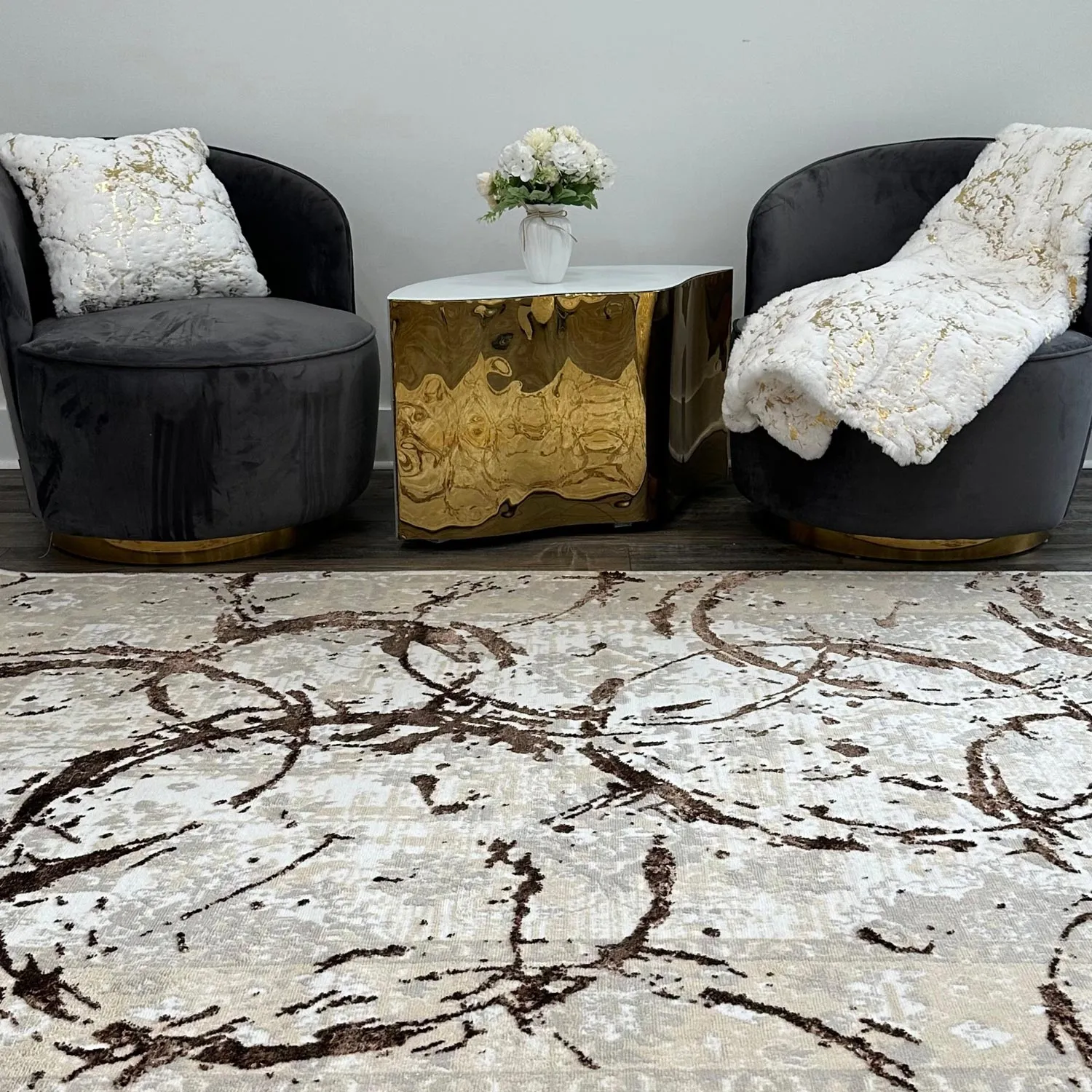 Penina Luxury Area Rug in Beige and Gray with Bronze Circles Abstract Design