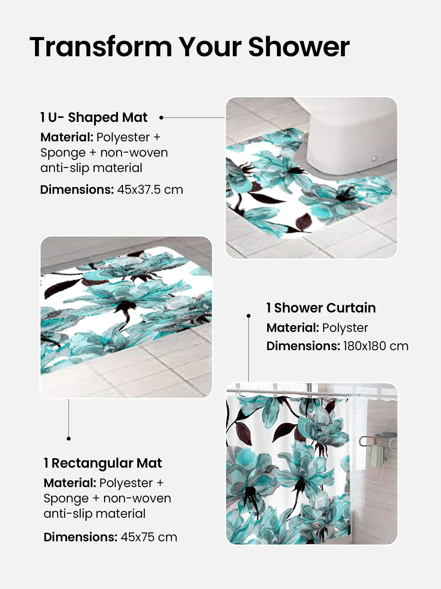 SAVYA HOME Shower Curtain (1) & Bathroom Mat (2) Set, Shower Curtains for Bathroom I, Waterproof Fabric I Anti Skid Mat for Bathroom Floor I Floral Aqua, Pack of 3