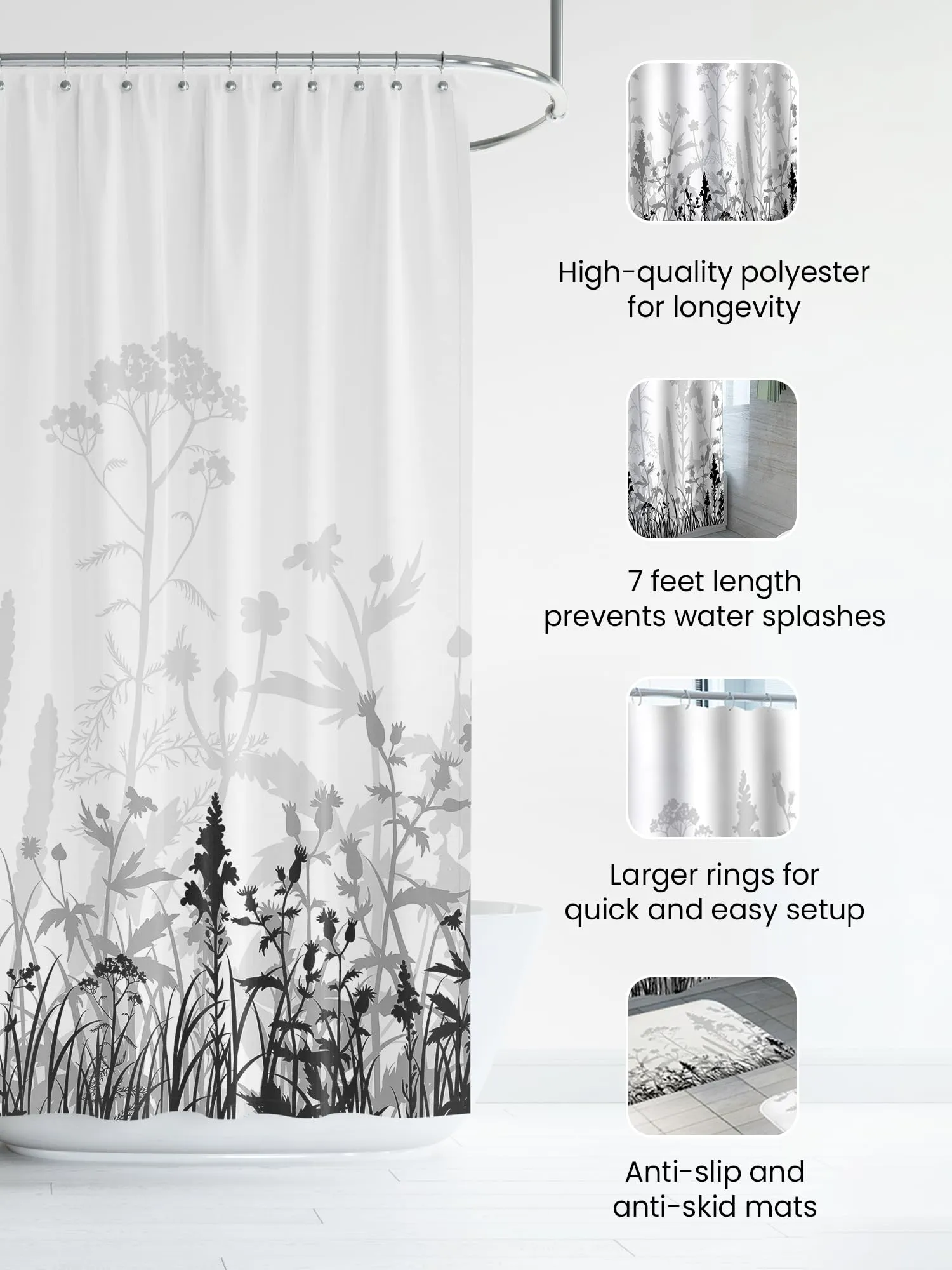 SAVYA HOME Shower Opaque Curtain (1) & Bathroom Mat (2) Set, Shower Curtains For Bathroom I, Waterproof Fabric I Anti Skid Mat For Bathroom Floor I Grey Wild Flowers, Pack Of 3