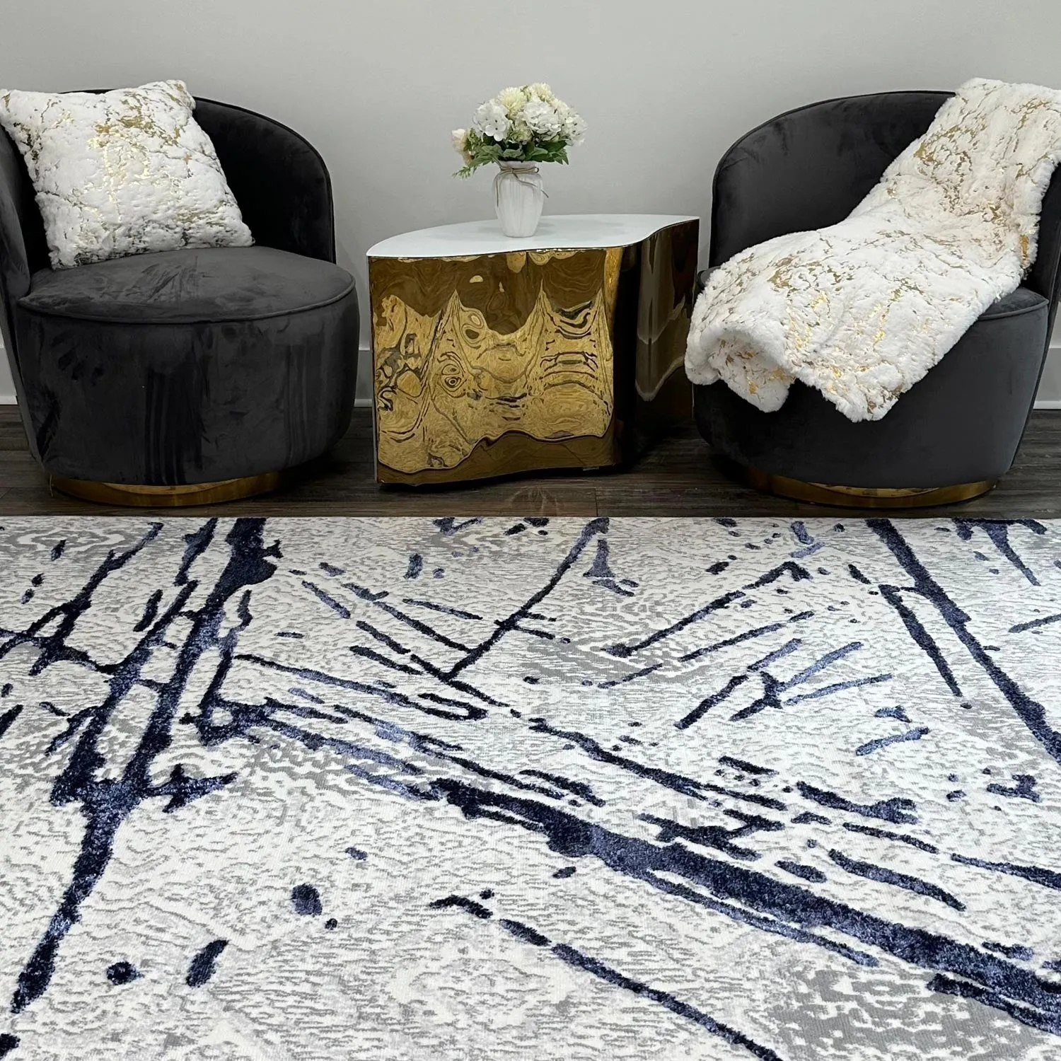 Shifra Luxury Area Rug in Gray with Navy Blue Abstract Design