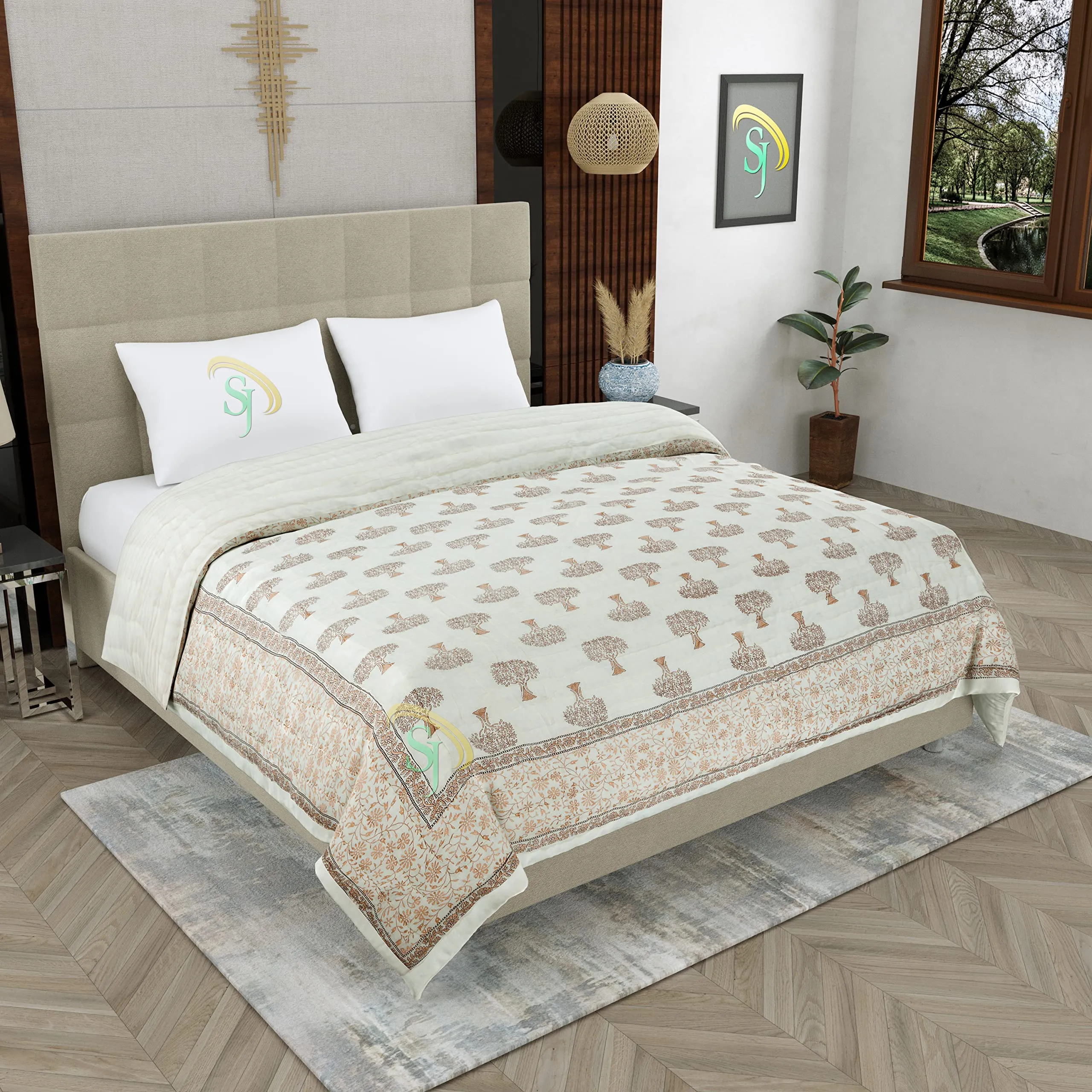 SJ Art & Crafts 410 TC Double Bed Organic Cotton Jaipuri Razai Bed Blanket Ac Quilt Soft Rajasthani Traditional Rajai Cotton Comforter 86 x 105 Cream Mango Tree