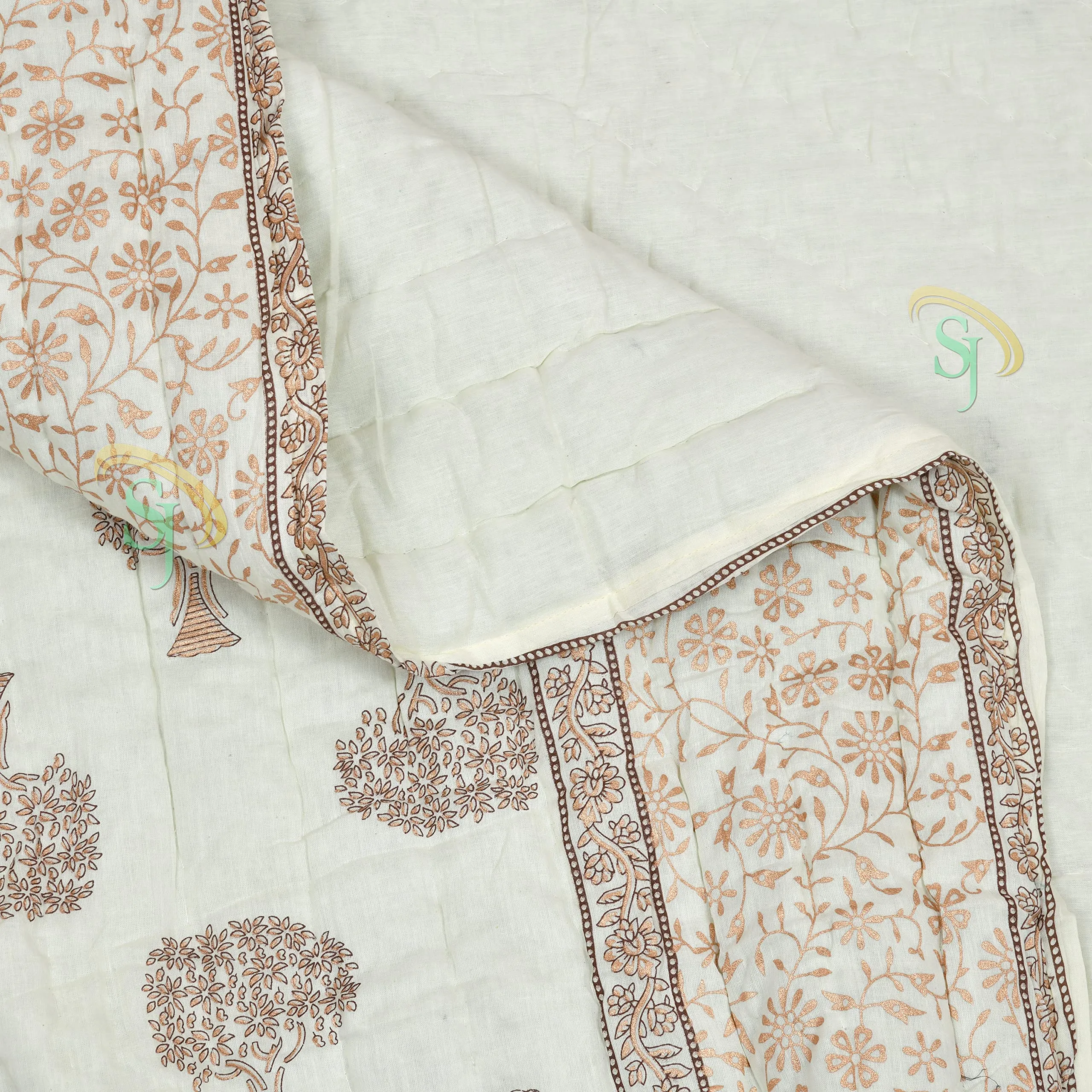 SJ Art & Crafts 410 TC Double Bed Organic Cotton Jaipuri Razai Bed Blanket Ac Quilt Soft Rajasthani Traditional Rajai Cotton Comforter 86 x 105 Cream Mango Tree