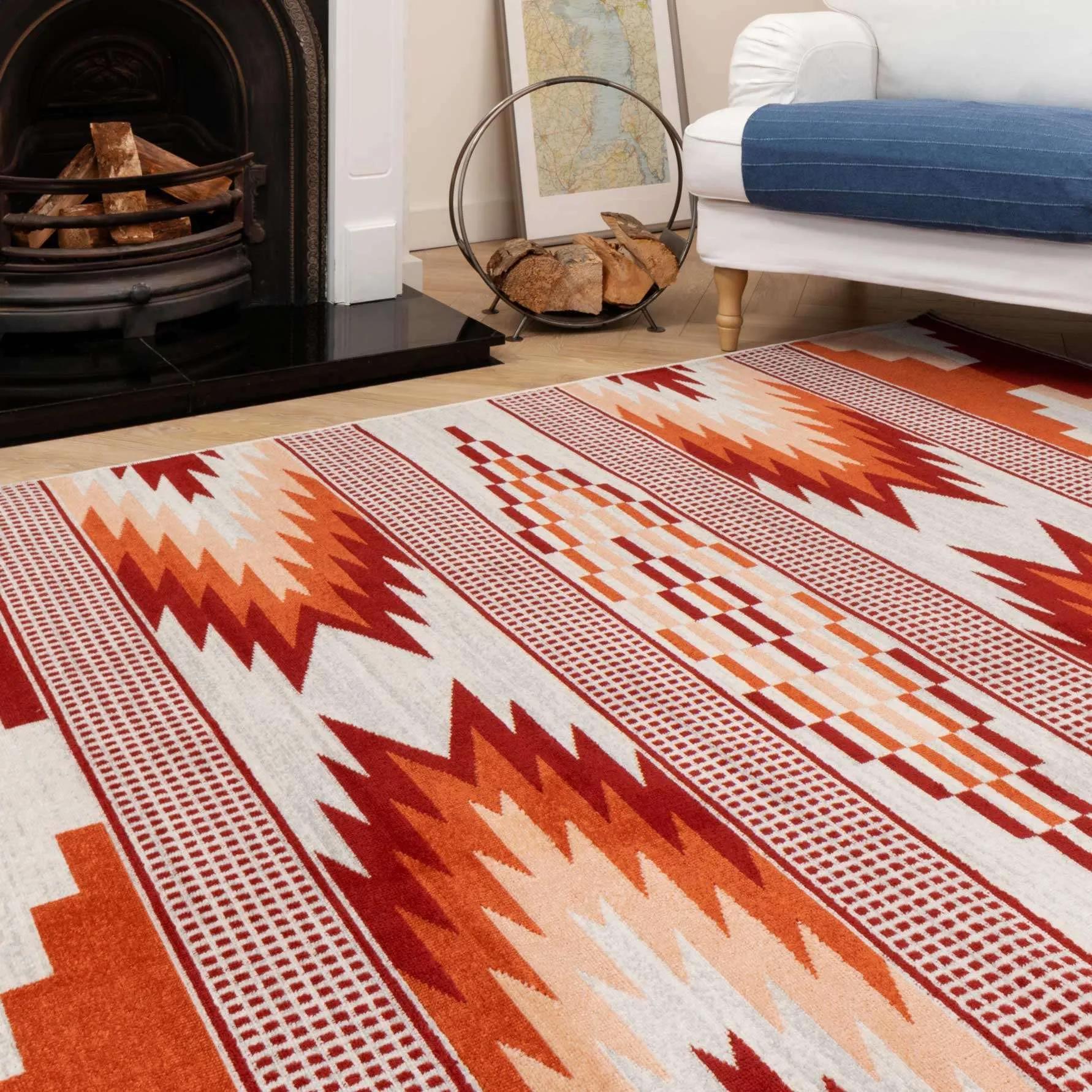 Terracotta Burnt Orange Living Room Rug - Aztec