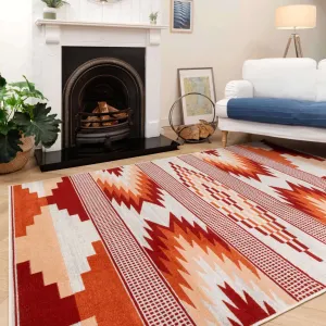 Terracotta Burnt Orange Living Room Rug - Aztec