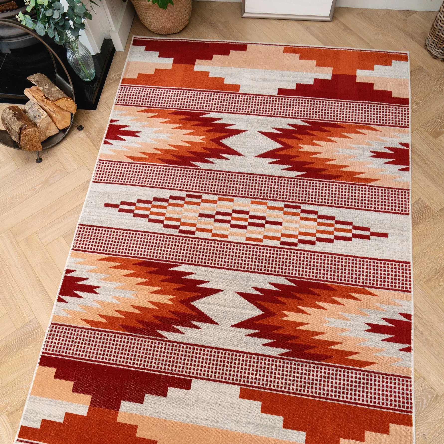 Terracotta Burnt Orange Living Room Rug - Aztec