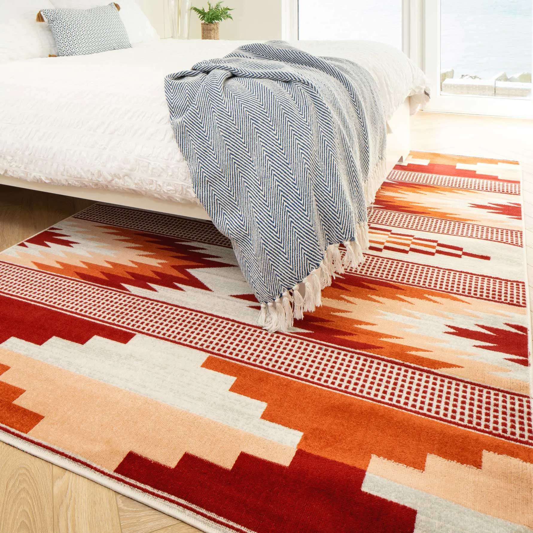 Terracotta Burnt Orange Living Room Rug - Aztec