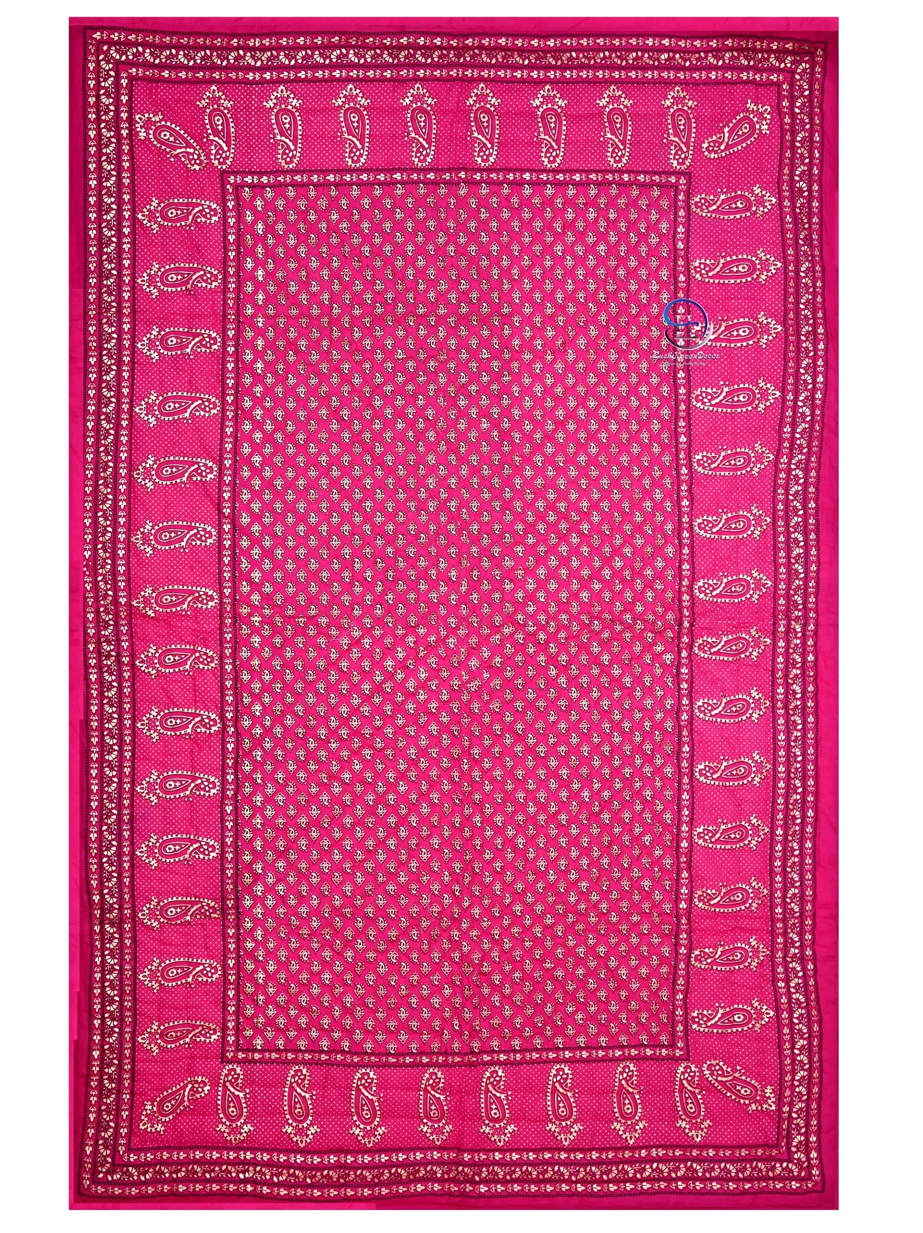 THROWS HOME DECOR Traditional Jaipuri Floral Print Design with Gold Print Cotton Single Quilt Blanket (Pink)