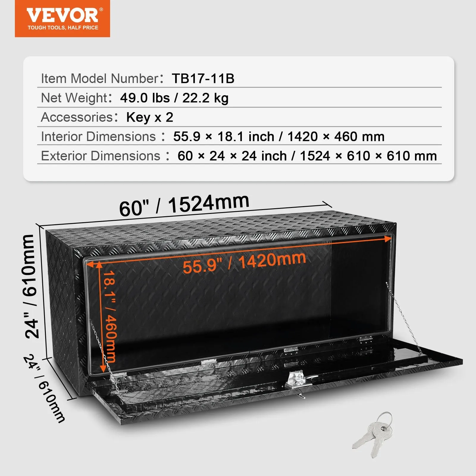 Vevor Underbody Truck Tool Box 60"x24"x24" Heavy Duty Aluminum 110 Lbs Load Capacity with Built-In Lock New