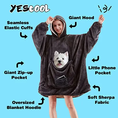 yescool Wearable Blanket Hoodie, Oversized Sherpa Hooded Blanket Sweatshirt, Giant Warm Fuzzy Fleece Lounging Blanket with Hood Sleeves Pocket, Soft Comfort Packable for Women Men Adults (Grey)