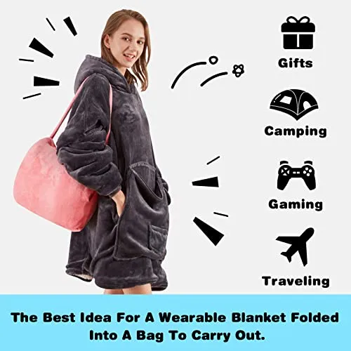 yescool Wearable Blanket Hoodie, Oversized Sherpa Hooded Blanket Sweatshirt, Giant Warm Fuzzy Fleece Lounging Blanket with Hood Sleeves Pocket, Soft Comfort Packable for Women Men Adults (Grey)